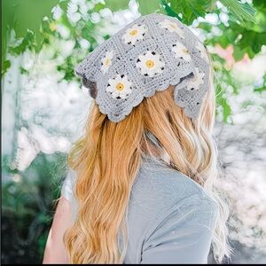 HANDMADE Blue Floral Crochet Headscarf